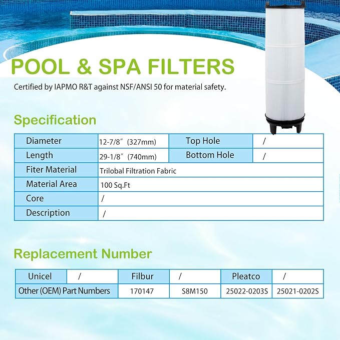 Savener® S8M150 System 3 Inner and Outer Cartridge, Replacement for Sta-Rite System 3 S8M150, 170147, 25022-0203s-25021-0202s, SR450 Swimming Pool Filter Cartridge, 450 Sq. Ft