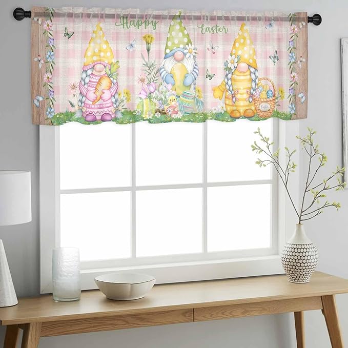Happy Easter Sheer Valances for Windows 54"x18", Light Filtering Kitchen Curtains Valance, Spring Gnomes Duck Floral Eggs Pink Plaid Rod Pocket Chiffon Curtains for Living Room Bedroom Cafe