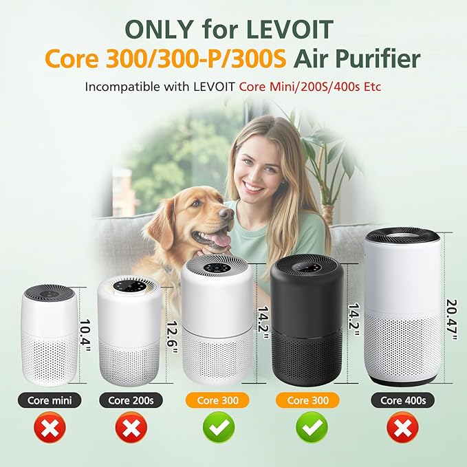 Core 300 Replacement Filter for LEVOIT Core 300 Core300-P Core 300S Core 300-P VortexAir Air Purifier, Core 300-RF, 3-in-1 HEPA Activated Carbon, 2 Pack, Core 300-P, White