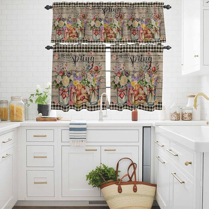 Kitchen Curtains Tiers and Valance Set of 3, Spring Flowers Light Filtering Window Curtain Set, Farmhouse Vintage Black Plaid Wood Grain Rod Pocket Curtain Drapes for Living Room, 24 Inches Tiers