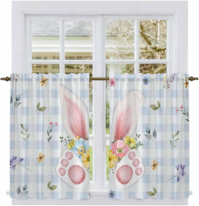 Easter Kitchen Curtains 45 Inch Long 2 Panel Set, Rod Pocket Window Treatment, Spring Rabbits Ears Feet Floral Blue Lattice Light Filtering Panels Short Drapes for Bathroom Camper 42"W x 45"L