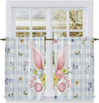 Easter Kitchen Curtains 54 Inch Long 2 Panel Set, Rod Pocket Window Curtains Panels, Spring Rabbits Ears Feet Floral Blue Lattice Light Filtering Privacy Draperies for Bedroom Laundry 42"W x 54"L