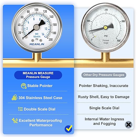 MEANLIN MEASURE 0~200Psi Dry Pressure Gauge Stainless Steel 1/8" NPT 2" FACE DIAL Waterproof for Air Compressor Air Regulator Water Filter Center Back Mount, with 1/4" NPT and 3/8" NPT Hex Bushing
