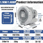 Vortex Ring Regenerative Blower,Single Phase High-Pressure Industrial Vacuum Pump,Electric Air Pump,for Industrial Applications,Construction Sites,Fish Pond Aeration 1100W/1.48HP