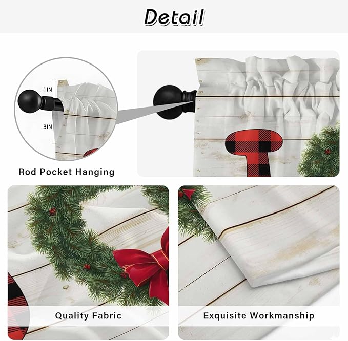 Christmas Wreaths Kitchen Tier Curtains 45 Inch Long 2 Panel Set,Rod Pocket Short Window Treatment,Winter Bow Plaid Farmhouse Wooden Grain Curtains & Drapes for Bathroom Basement 27.5"W x 45"L