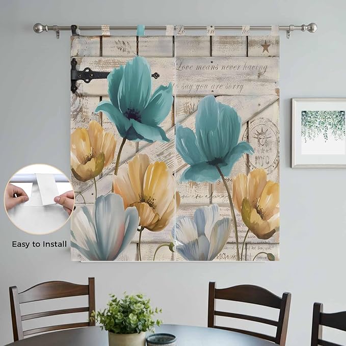 Watercolor Flowers Living Room Curtains 84 Inch Length, Window Curtains Tab Top, Vintage Tulips Floral Barn Doors Wood Grain Light Filtering Window Treatments Drapes 42"x84" 2 Panel
