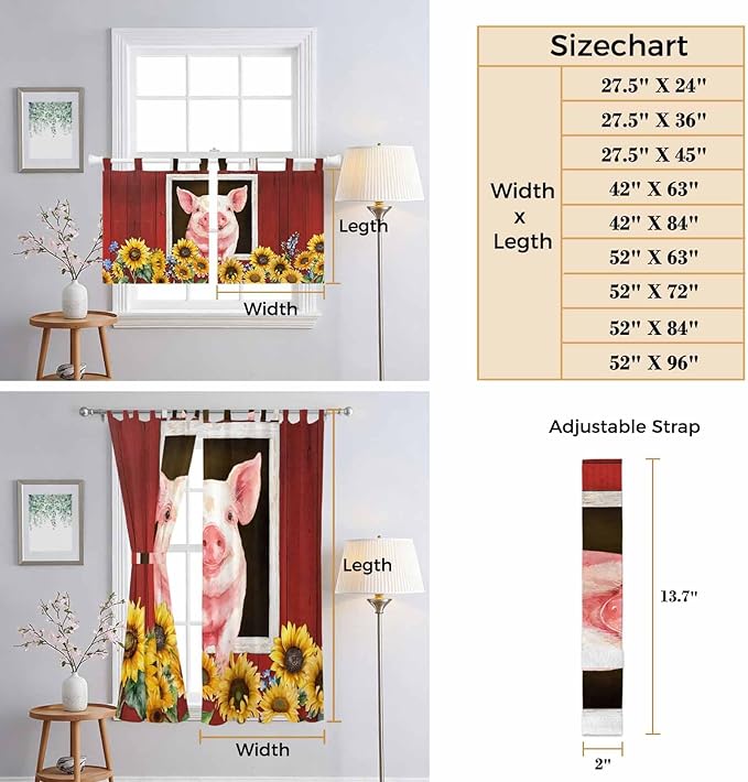 Pigs Sunflowers Bathroom Curtains 63 Inch Length, Window Curtains Tab Top, Farmhouse Red Barn Flowers Animals Light Filtering Window Treatments Drapes 52"x63" 2 Panel