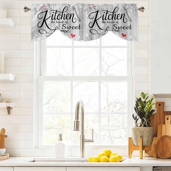 Kitchen Knife Fork Tie Up Valance Curtains for Windows, Kitchen Curtains Window Shades, Vintage Love Heart Grey Wood Grain Light Filtering Roman Curtain Valances for Bedroom/Bathroom/Cafe 42"x18"