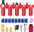 TAILONZ PNEUMATIC 0-150PSI 1/4 Inch NPT Red Industrial Grade 5 Stage Air Drying System, Particulate Filter, Coalescing Filter, Double Desiccant Dryer and Air Regulator (Manual Drainage)