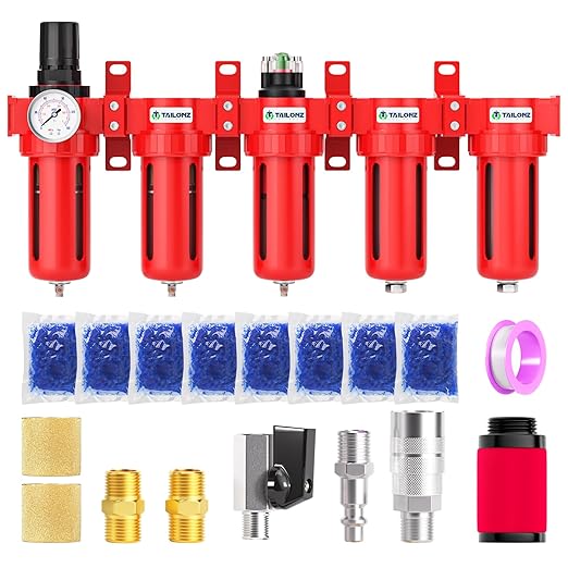 TAILONZ PNEUMATIC 0-150PSI 3/8 Inch NPT Red Industrial Grade 5 Stage Air Drying System, Particulate Filter, Coalescing Filter, Double Desiccant Dryer and Air Regulator (Manual Drainage)