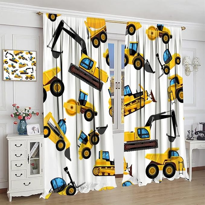 Kids Construction Equipment Window Curtains, Excavator Tractor Tow Truck Rod Pocket Decorative Windows Curtain for Children Teens Boys Girls Room Decor 72x63in (30% Blackout)