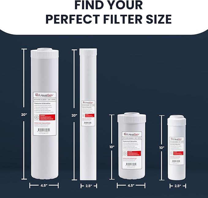 LiquaGen Activated Alumina + Carbon + KDF-55 Replacement Water Filter Cartridge – Helps Manage Fluoride, Chlorine & Taste, Refillable 2.5" x 10", 2.5" x 20", 4.5" x 10", 4.5" x 20" (2, 4.5" x 20")