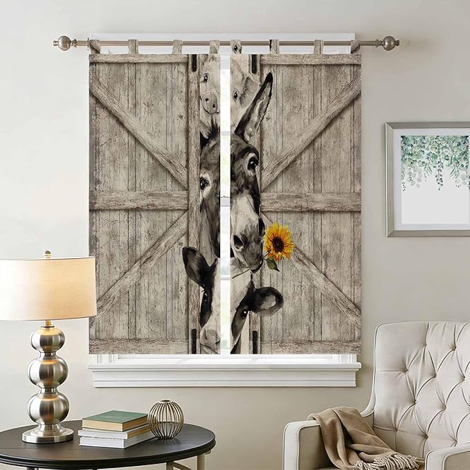 Funny Farm Animals Living Room Curtains 84 Inch Length, Window Curtains Tab Top, Vintage Barn Brown Sunflowers Light Filtering Window Treatments Drapes 42"x84" 2 Panel