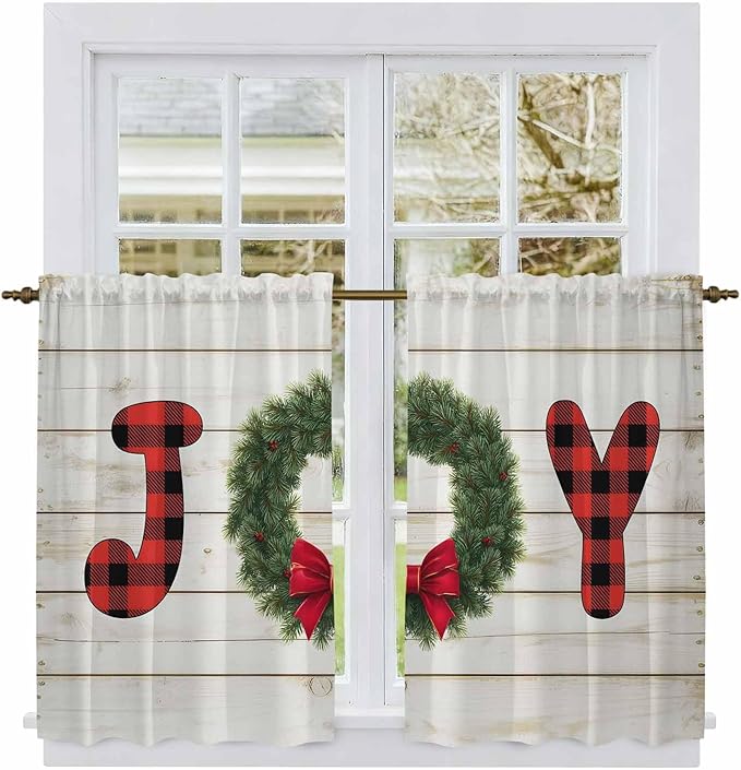 Christmas Wreaths Kitchen Curtains 45 Inch Long 2 Panel Set, Rod Pocket Window Treatment, Winter Bow Plaid Farmhouse Wooden Grain Light Filtering Panels Short Drapes for Bathroom Camper 42"W x 45"L