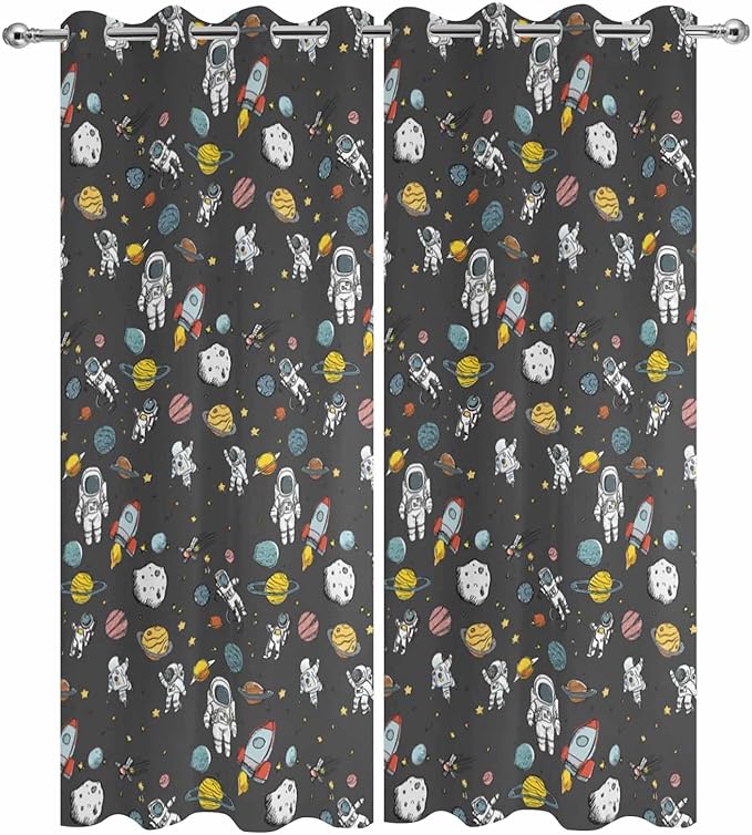Cartoon Space Outdoor Curtains for Patio Rockets Planets Astronauts Gray Waterproof Outside Curtains with Grommet Top Weatherproof Curtain for Cabana Pergola Gazebo, 2 Pack, 54" W x 108" L