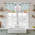Easter Bunny Kitchen Tier Curtains 24 Inch Long 2 Panel Set,Rod Pocket Cafe Small Window Curtains Over Sink,Easter Eggs Spring Farmhouse Wood Grain Teal Blue Light Filtering Short Drapes 27.5"W x 24"L