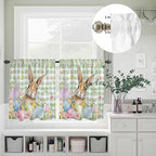 Kitchen Curtains Tiers and Valance Set of 3, Easter Light Filtering Window Curtain Set, Spring Bunny Colorful Eggs Floral Leaves Grey Plaid Rod Pocket Curtain Drapes for Living Room, 36 Inches Tiers