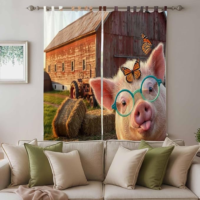 Farm Pig Living Room Curtains 96 Inch Length, Window Curtains Tab Top, Farmhouse Barn Funny Animals Butterfly Light Filtering Window Treatments Drapes 52"x96" 2 Panel