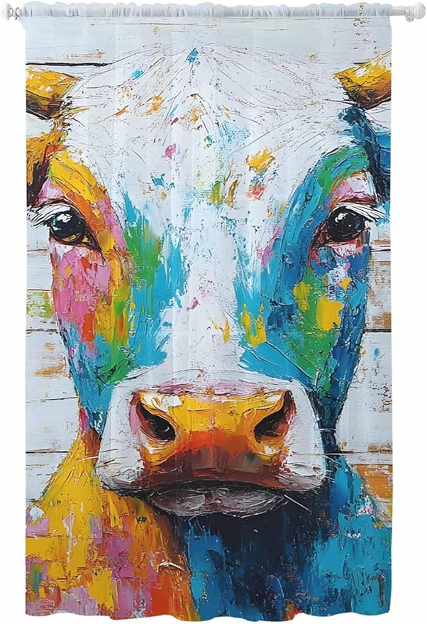 Sheer Curtains 84 Inches Long, Funny Colorful Cow Semi Sheer Curtains Light Filtering Window Treatment, Retro Rustic Oil Painting Wood Grain Privacy Voile Drapes for Living Room Bedroom 52x84 Inch