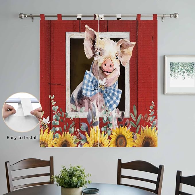 Pig Sunflowers Living Room Curtains 84 Inch Length, Window Curtains Tab Top, Eucalyptus Leaves Floral Bees Red Barn Light Filtering Window Treatments Drapes 42"x84" 2 Panel