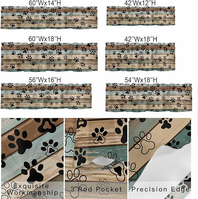Dog Paws Valances for Windows, Teal Brown Wood Grain Kitchen Valance Light Filtering Rod Pocket Short Curtains for Kitchen Bathroom, 1 Panel, 54"x18"