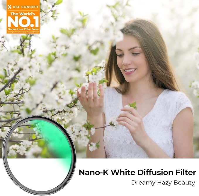 K&F CONCEPT 62mm White Mist 1/4 Filter, 18 Multi-Layer Coatings Dreamy Soft White Diffusion Filter with Cleaning Cloths for Portrait/Video/Vlog Photography