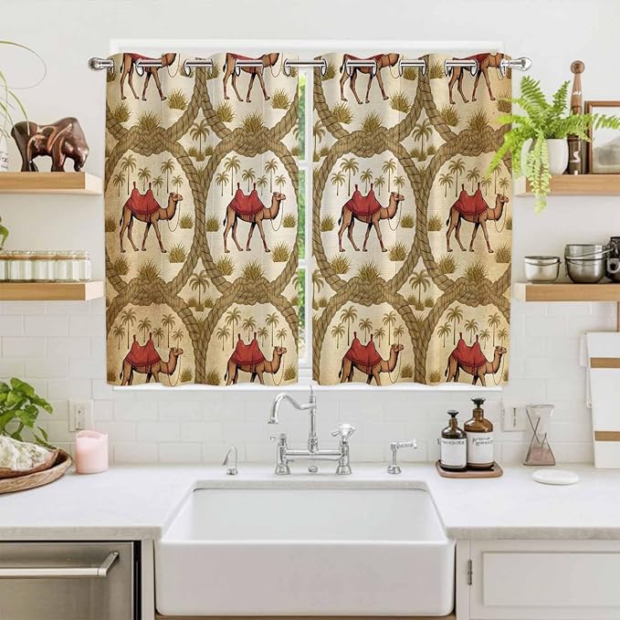 2 Panel Kitchen Cafe Curtains, Brown Desert Camels Sunlight Filtering Nature Air Through, Window Decor Tier Curtains for Living Room 104W x 72L inch Tropical Date Coconut Trees Cords Leaves