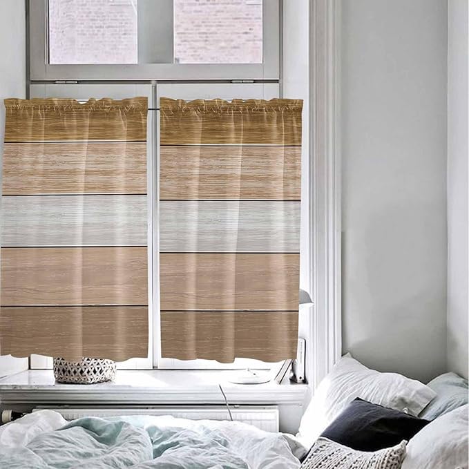 Retro Farm Wood Board Window Valance Curtains, Brown Graduality Striped Light Filtering Kitchen Valance with 3-inch Rod Pocket for Living Room Bathroom Bedroom,2 Panel,27.5x45In