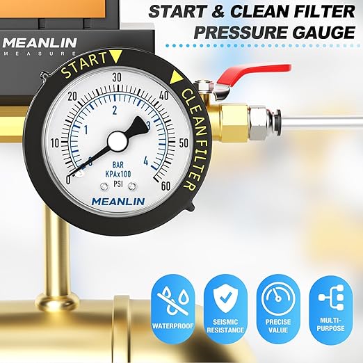 MEANLIN MEASURE 0~60Psi Stainless Steel Start and Clean Filter Pressure Gauge 1/4" NPT 2"FACE DIAL Waterproof for Pool Filter Pump Swimming Pool, spa, Aquarium Back Mount with Rotatable Plastic Frame