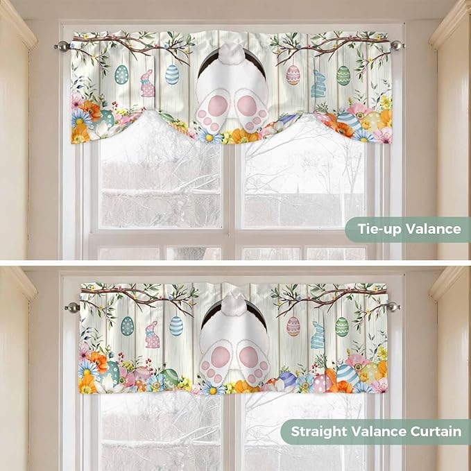 Easter Tie Up Valance Curtains for Windows, Kitchen Curtains Window Shades, Spring Farmhouse Watercolor Bunny Eggs Wood Grain Light Filtering Roman Curtain Valances for Bedroom/Bathroom/Cafe 42"x12"