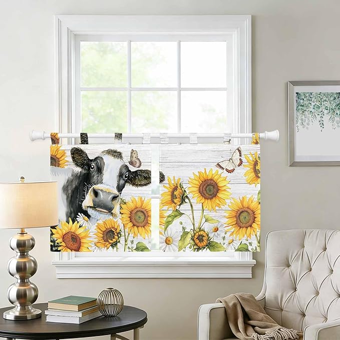 Retro Farmhouse Floral Kitchen Curtains 36 Inch Length, Small Window Curtains Tab Top, Yellow Sunflowers Cows Butterfly Wood Light Filtering Short Window Treatments Tier Drapes 27.5"x36" 2 Panel