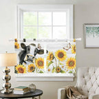 Retro Farmhouse Floral Kitchen Curtains 36 Inch Length, Small Window Curtains Tab Top, Yellow Sunflowers Cows Butterfly Wood Light Filtering Short Window Treatments Tier Drapes 27.5"x36" 2 Panel