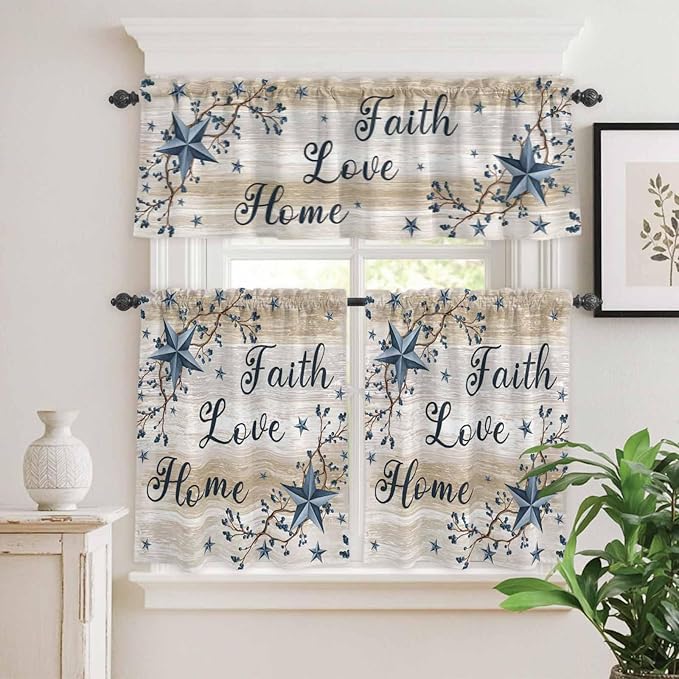 Vintage Country Kitchen Curtains Set 3 Piece for Windows,Rod Pocket Valance and Tier Set 24 Inch Length,Blue Rustic Texas Star Vines Wooden Grain Light Filtering Cafe Curtains for Living Room