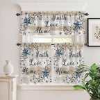 Vintage Country Kitchen Curtains Set 3 Piece for Windows,Rod Pocket Valance and Tier Set 24 Inch Length,Blue Rustic Texas Star Vines Wooden Grain Light Filtering Cafe Curtains for Living Room