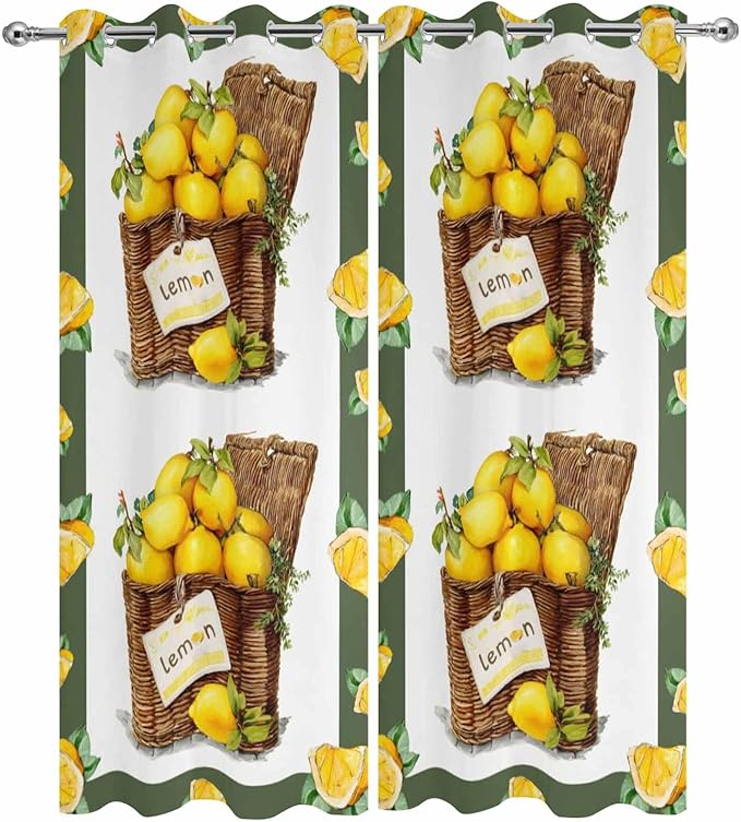 Lemon Outdoor Curtains for Patio Lemons in Baskets Summer Tropical Plants Green Waterproof Outside Curtains with Grommet Top Weatherproof Curtain for Cabana Pergola Gazebo, 2 Pack, 54" W x 108" L
