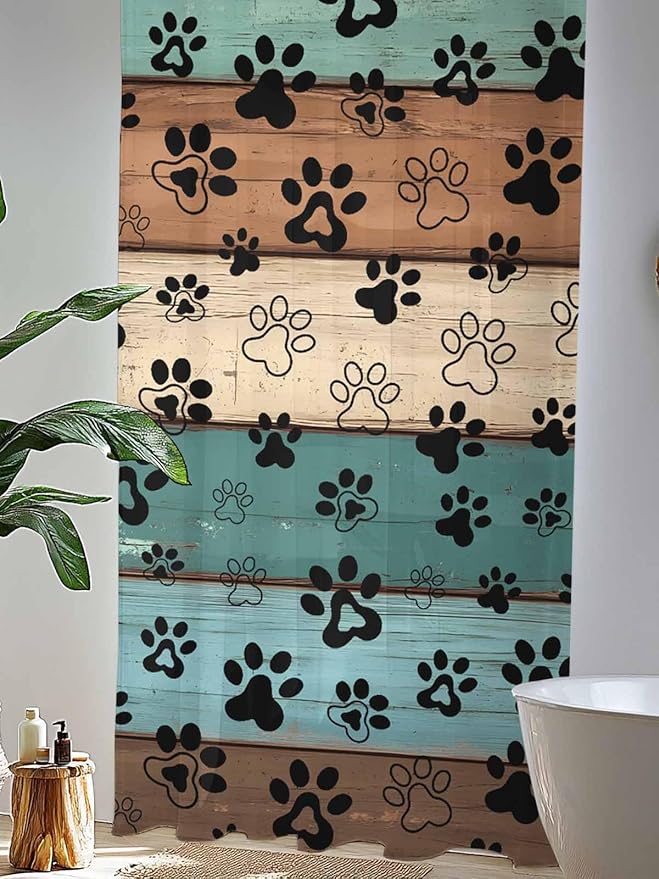 Sheer Curtains 108 Inches Long, Green Brown Paw Print Semi Sheer Curtains Light Filtering Window Treatment, Vintage Farmhouse Country Wooden Grain Privacy Voile Drapes for Living Room 52x108 Inch