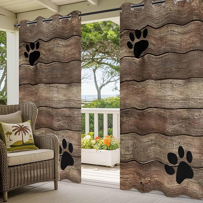 Wood Grain Outdoor Curtains for Patio Claws Animals Wooden Brown Vintage Waterproof Outside Curtains with Grommet Top Weatherproof Curtain for Cabana Pergola Gazebo, 1 Panel, 54" W x 95" L