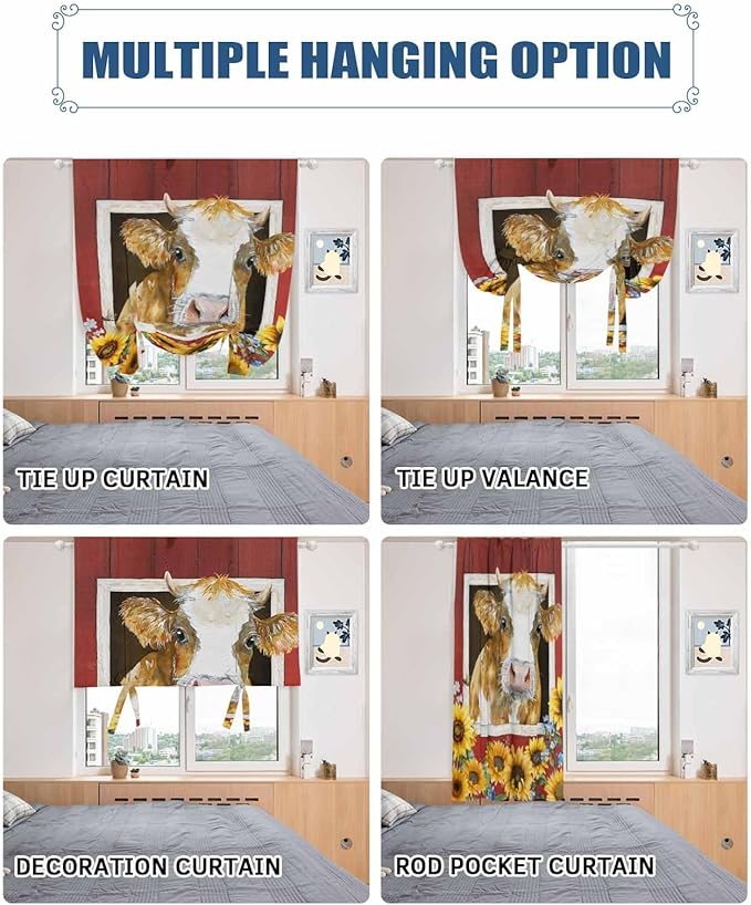 Tie Up Curtains for Windows, Cows Sunflowers Adjustable Balloon Nature Linen Textured Kitchen Curtain, Spring Floral Bees Farmhouse Barn Decorative Tie Up Curtain for Window, 52" x 45"