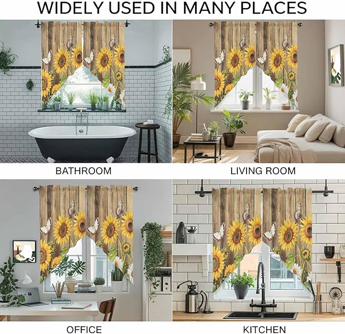 Farmhouse Sunflowers Swag Valances for Windows, Rustic Floral Buttterfly Wood Board Brown Rod Pocket Kitchen Curtains Valance, Small Window Curtains Swag for Cafe Living Room, 2 Panels, 36x36 inch