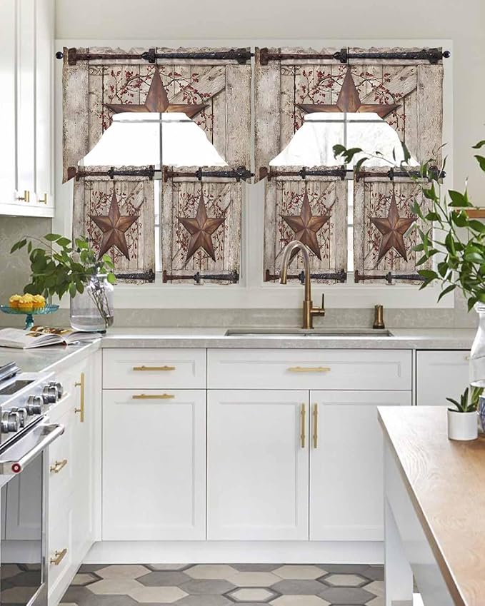Country Star Swag Kitchen Curtains Valance and Tier Set, VintageRust Yellow Star Berry Beige Barn Gate Light-Filtering Swag Valance 24 Inch Length, Rod Pocket Short Curtain for Bedroom Cafe