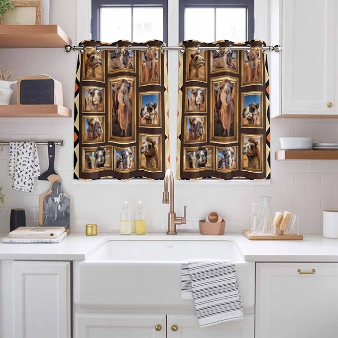 2 Panel Kitchen Cafe Curtains, Wildlife Camels Sunlight Filtering Nature Air Through, Home Decor Window Covering Tier Curtains for Bedroom Living Room Deserts Animals Brown Geometric Rustic