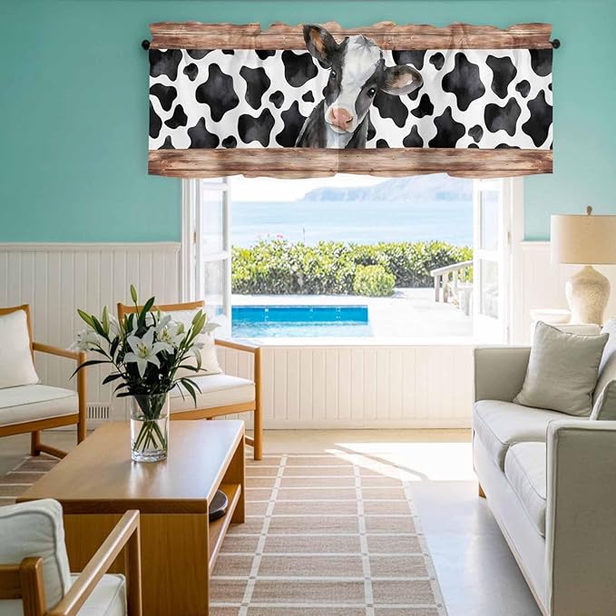 Cow Printed Curtain Valances for Windows, Kitchen Valance Window Treatment, Farmhouse Watercolor Country Wooden Grain Light Filtering Block Curtains for Bathroom/Bedroom/Living Room 42'' x 12''