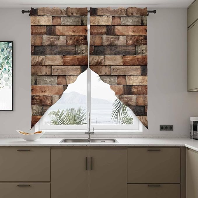 Western Barn Door Swag Valances for Windows, Vintage Farmhouses Wooden Door Brown Rod Pocket Kitchen Curtains Valance, Small Window Curtains Swag for Cafe Bathroom Living Room, 2 Panels, 36x36 inch