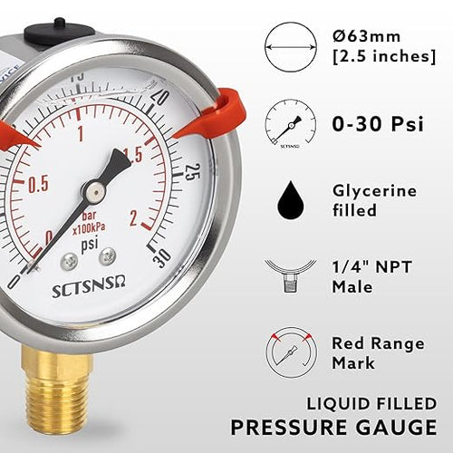 0 to 30 Psi Pressure Gauge, Glycerin Liquid Filled, 2.5 inch Dial, 1/4" NPT Lower Mount, Stainless Steel Case, for Water Tank, Pool Sand Filter, Coolant, CO2, Oil, Gas, Low Pressure Test