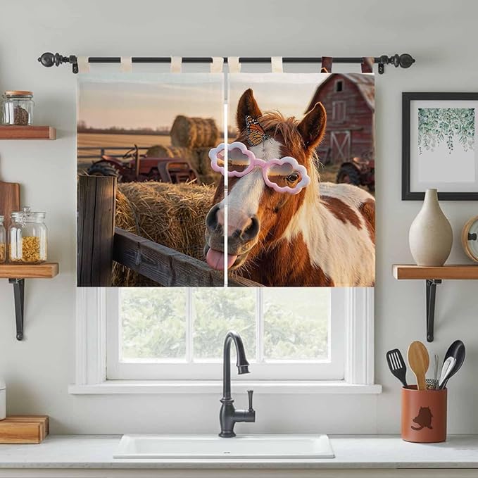 Farm Horses Kitchen Curtains 45 Inch Length, Short Cafe Window Curtains Tab Top, Farmhouse Barn Funny Animals Butterfly Light Filtering Window Treatments Tier Drapes 27.5"x45" 2 Panel