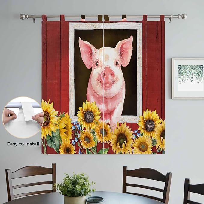 Pigs Sunflowers Bathroom Curtains 63 Inch Length, Window Curtains Tab Top, Farmhouse Red Barn Flowers Animals Light Filtering Window Treatments Drapes 52"x63" 2 Panel