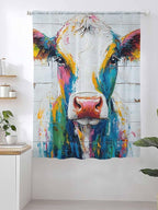 Sheer Curtains 63 Inch Length, Farmhouse Oil Painting Semi Sheer Curtains Light Filtering Window Treatment, Colorful Cow Animal Wooden Grain Privacy Voile Drapes for Living Room Bedroom 52x63 Inch