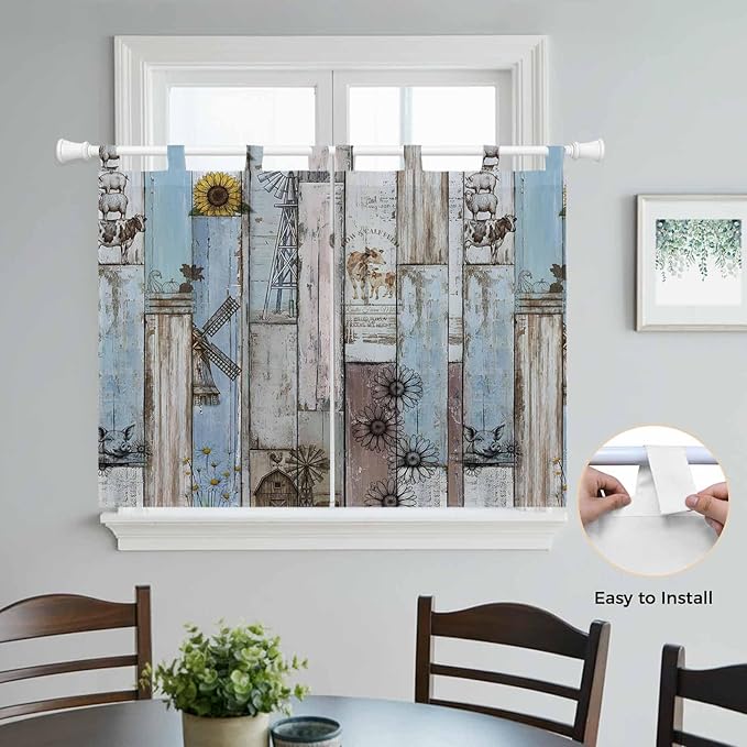 Blue Grey Wooden Kitchen Curtains 45 Inch Length, Short Cafe Window Curtains Tab Top, Farmhouse Barn Sunflowers Retro Light Filtering Window Treatments Tier Drapes 27.5"x45" 2 Panel
