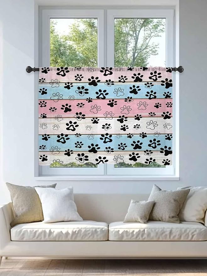 Sheer Curtains 54 Inch Length, Pink Blue Paw Print Semi Sheer Curtains Light Filtering Window Treatment, Vintage Farmhouse Wooden Grain Privacy Voile Drapes for Living Room Bedroom 52x54 Inch