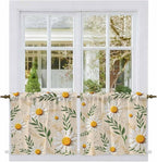 Spring Daisy Tier Curtains, Country Watercolor Flower Leaf Plant Light Filtering Kitchen Curtains, 2Pcs Rod Pocket Half Window Treatments Panels for Sink Cafe Cabinet Camper 27.5x24 Inches